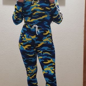 Blue and yellow, camouflage sweat suit/track suit.